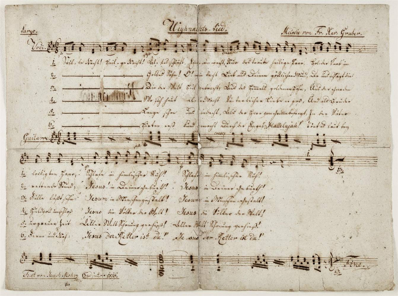 Weyhnachts-Lied (Autograph), Joseph Mohr (1792–1848), Um 1820, Eisengallustinte auf Büttenpapier, Salzburg Museum (Geschenk des Salzburger Museumsvereins), Inv.-Nr. BIB HS 2589