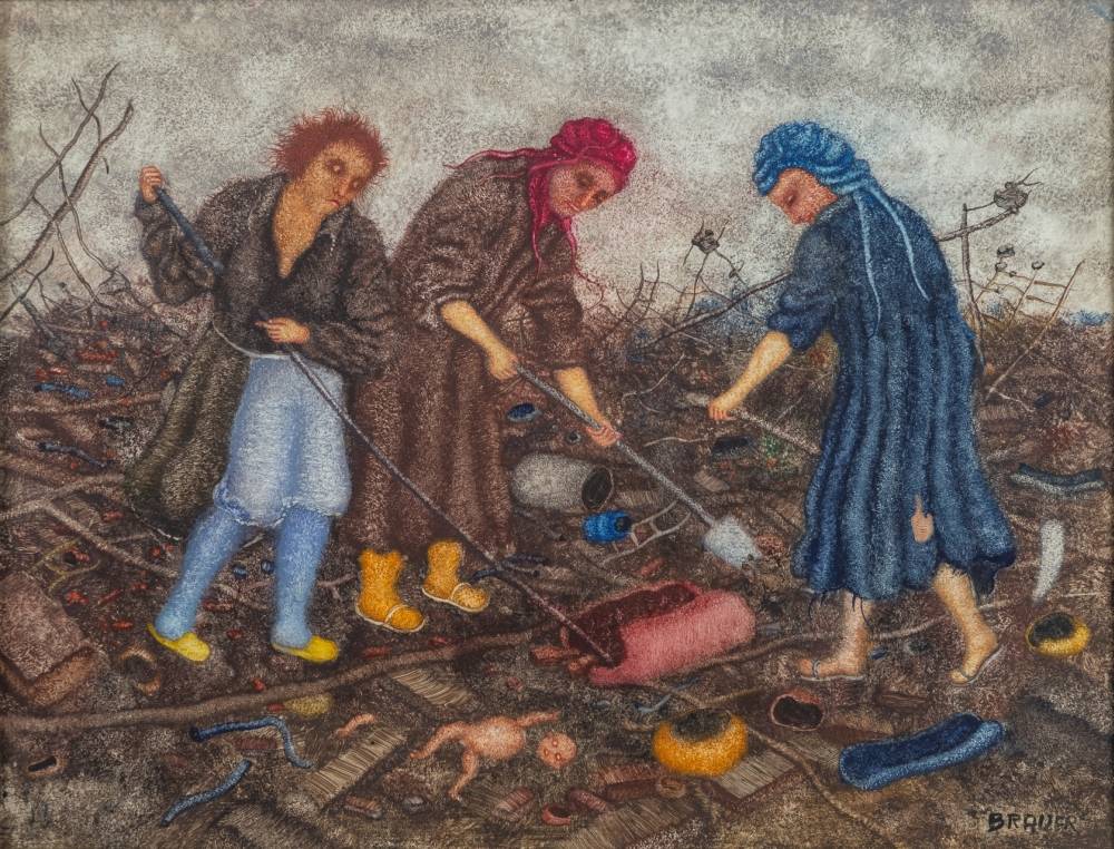 Arik Brauer, Die Trümmerfrauen, 1980, Tempera auf grundiertem Karton, © Arik Brauer, Wien/Sebastian Gansrigler