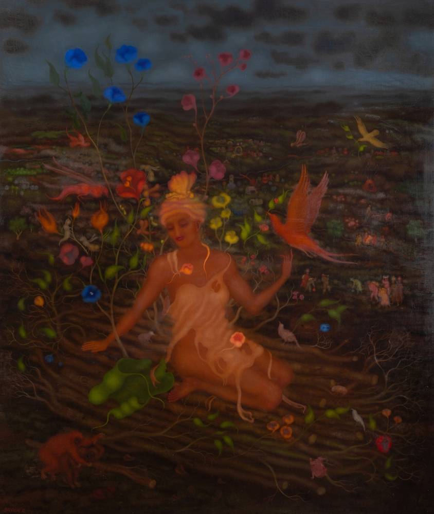 Arik Brauer, Der blühende Scheiterhaufen, 2010, Öl auf Hartfaserplatte, © Arik Brauer, Wien/Sebastian Gansrigler