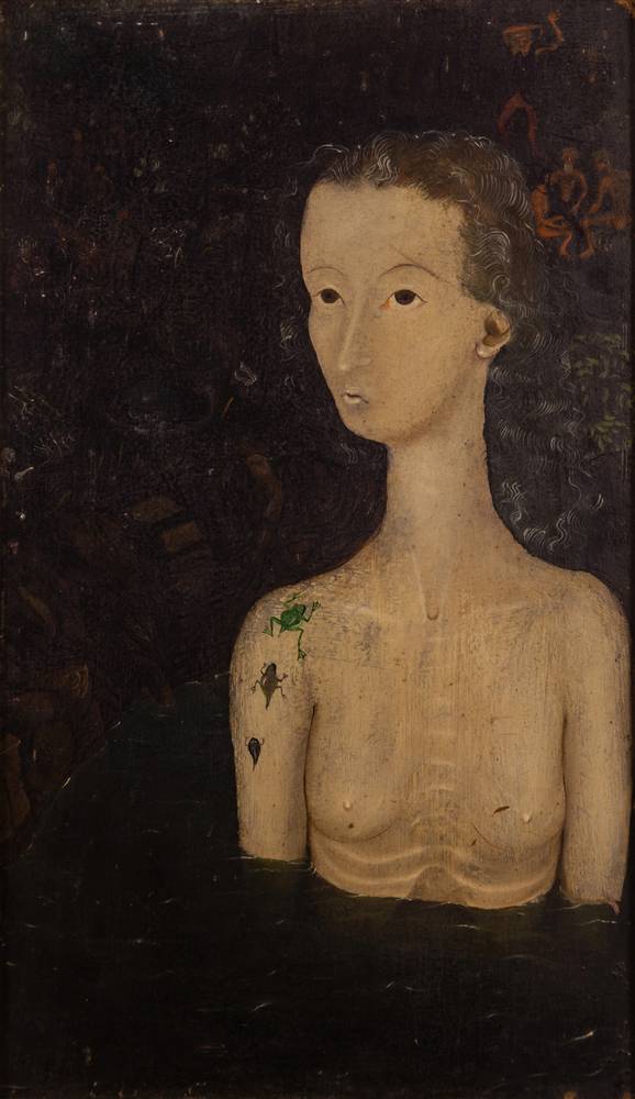 Arik Brauer, Mädchen in Bombentrichter, 1946/54, Öl auf Hartfaserplatte, © Arik Brauer, Wien/Sebastian Gansrigler