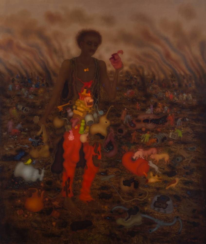 Arik Brauer, Sie lebt im Müll, 2016/17, Öl auf Hartfaserplatte, © Arik Brauer, Wien/Sebastian Gansrigler