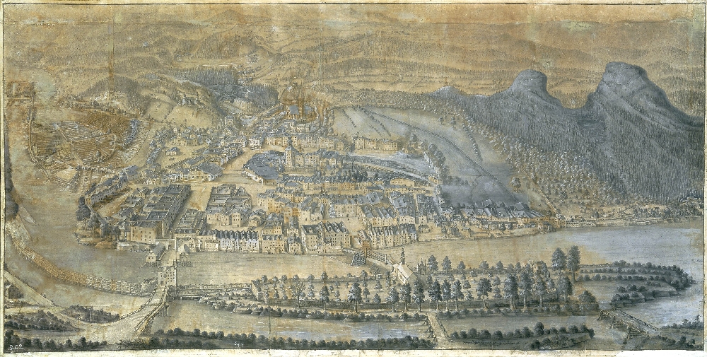 Hallein von Osten, Georg Josef Sigmund, 1726, Gouache auf Papier, Salzburg Museum, Inv.Nr. 45-25