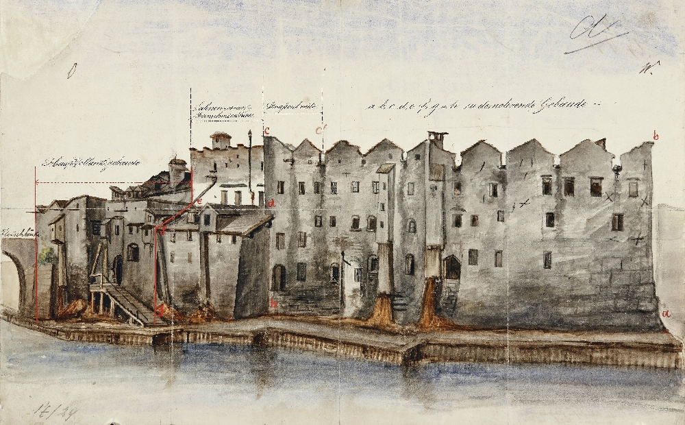 Häuser am linken Salzachufer in Hallein, Anton Eggl, 1860, Salzburg Museum, Inv.Nr. 2185-49