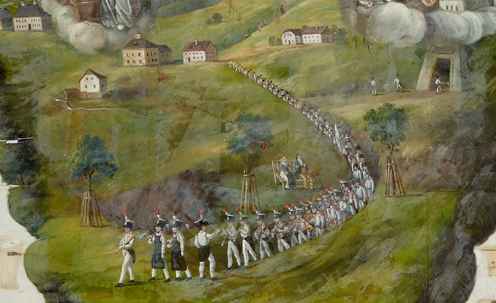 Detail der Knappenfahne vom Dürrnberg, 1836, Seide, Salzwelten GmbH: Dauerleigabe im Salzburg Museum, Inv.Nr. K 11954-49