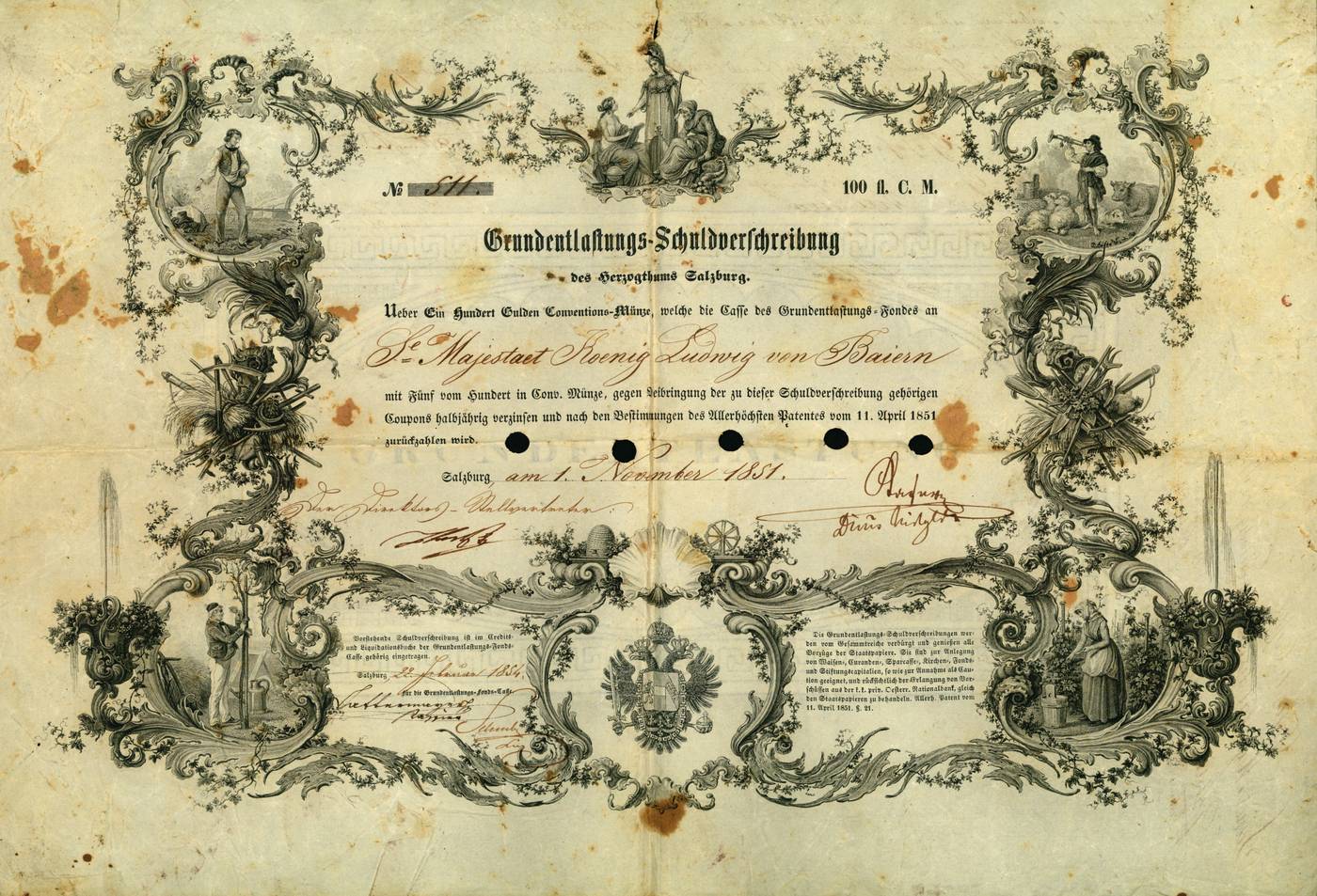 Grundentlastungs-Schuldverschreibung des Herzogtums Salzburg zu 100 Gulden, ausgestellt auf König Ludwig I. von Bayern, Salzburg, 1.11.1851, Papier, Inv.-Nr. MÜ 41369 (Vorderseite)
