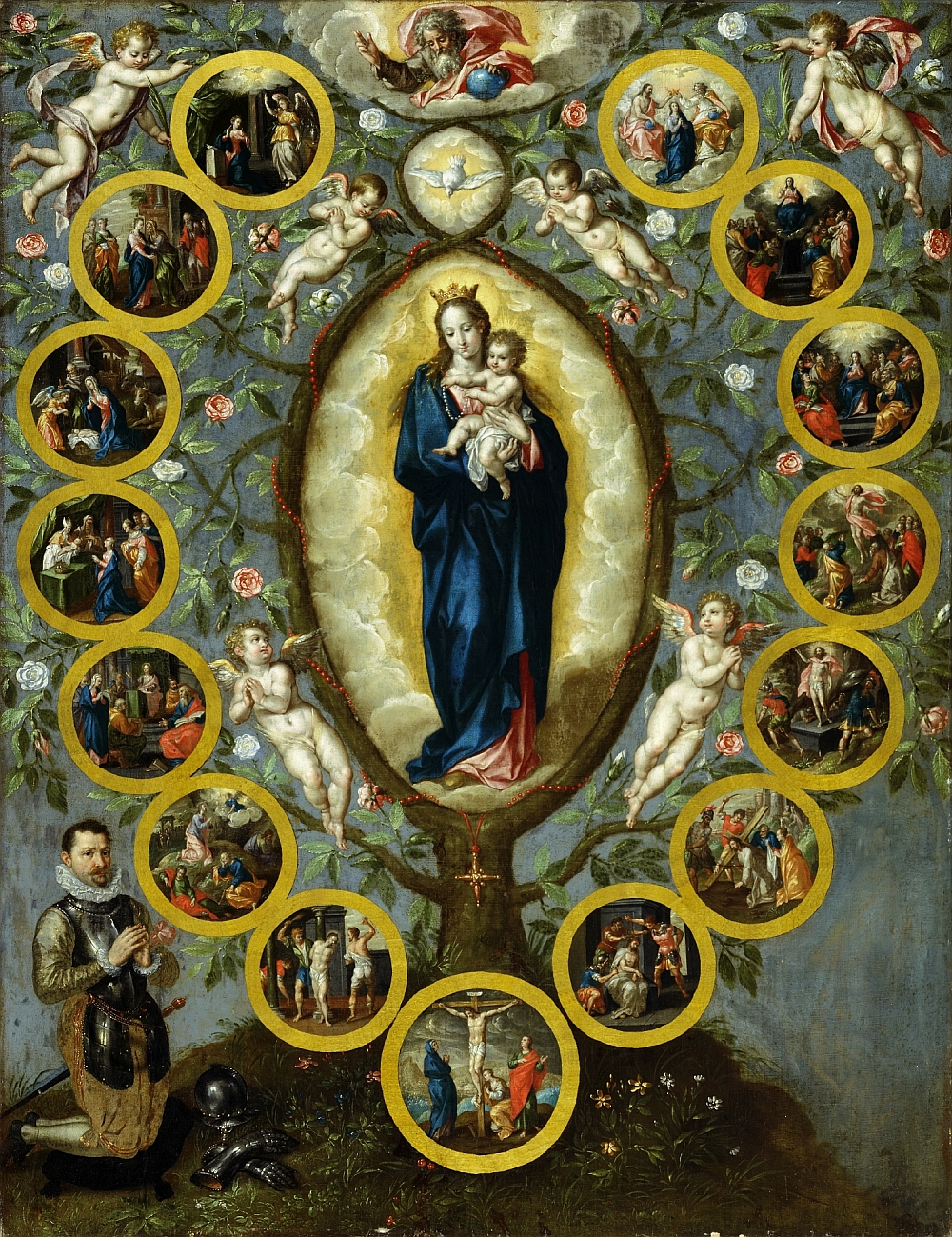 Colonel Leonhard von Ehrgott (commander of the Hohensalzburg Fortress, from 1611-17 guard of the imprisoned archbishop Wolf Dietrich and owner of the palace agricultural estate in Liefering) venerating the Madonna of the Rosary, Hans von Aachen, ca. 1596,