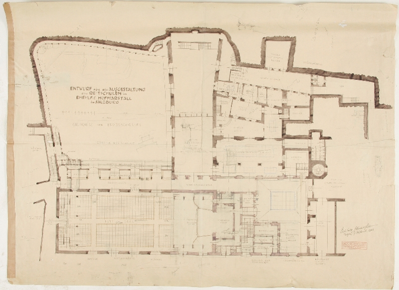 Design for the building of a festival theatre in the former princely archiepiscopal Hofmarstall (stables), ground plan of ground floor, Eduard Hütter, 1924, pen and ink, watercolour on paper, inv. no. AR 057 ah-2012