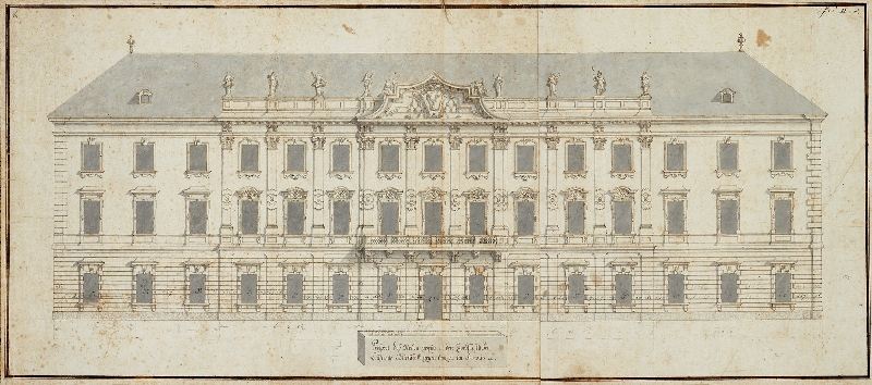 Elevation of the garden façade of Mirabell Palace, Johann Lukas von Hildebrandt, 1722, pen and brown ink, grey wash, on wired paper, inv. no. 13233-49
