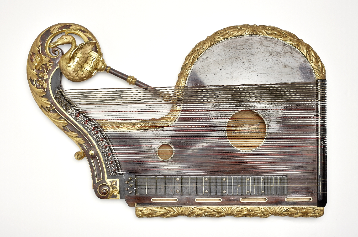 Ornamental harp zither owned by Joseph Achleitner, Kammervirtuose of Otto I of Greece, Ignaz Johann Bucher, Vienna, ca. 1860, fir, rosewood, veneered, inv. no. MI 1368