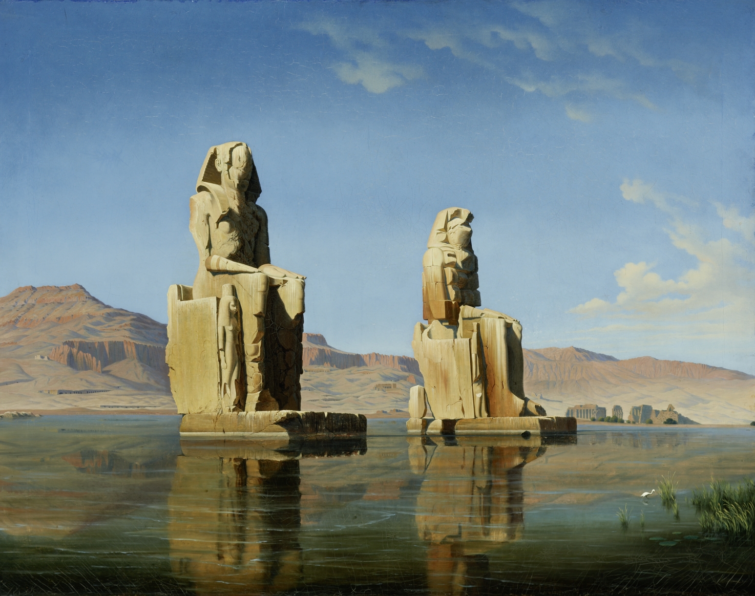 Die Memnonkolosse zur Zeit der Überschwemmung, Oberägypten, 1846, Öl auf Leinwand, Inv.-Nr. 9075-49