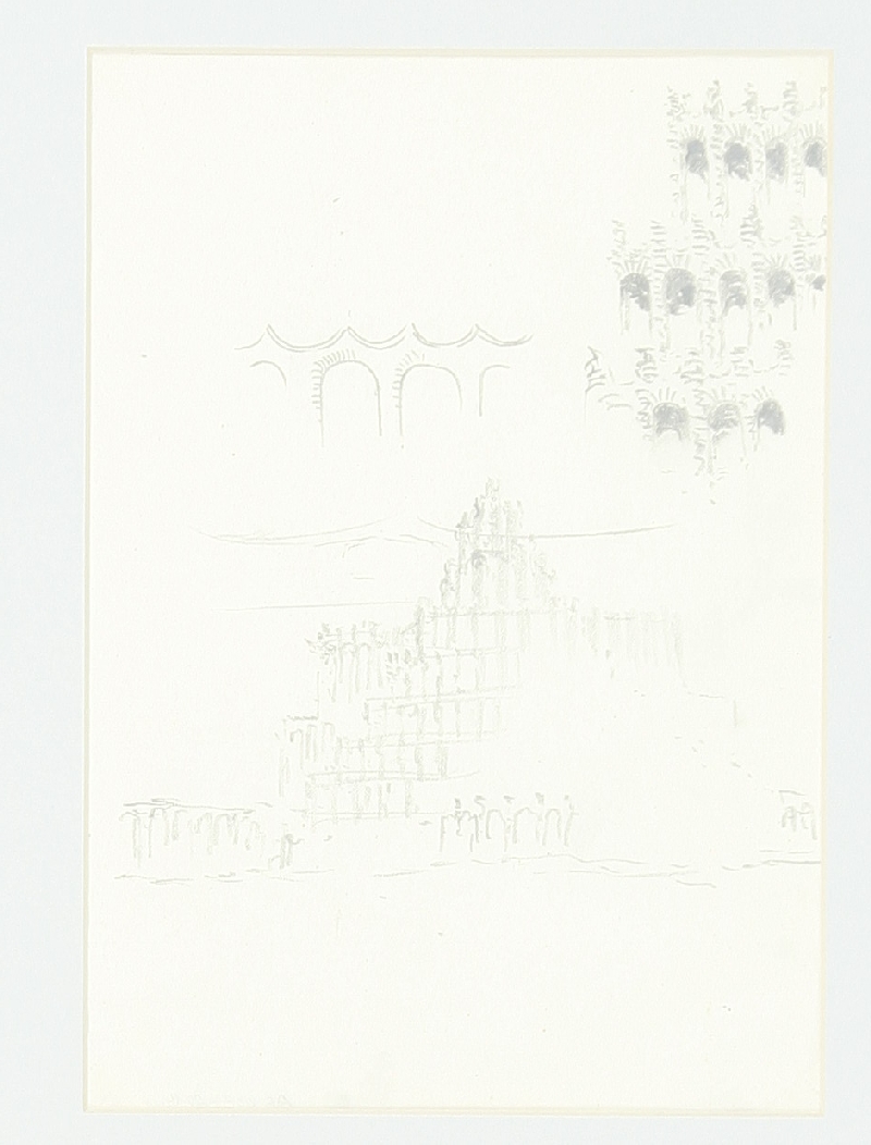 Design for the festival theatre project in Salzburg-Hellbrunn: tower-like main building and two façade studies, Hans Poelzig, pencil and charcoal on sketching paper/Pergamin transparent paper, inv. no. AR 003-2014
