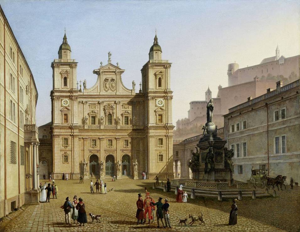 Johann Michael Sattler (1786–1847), Der Domplatz mit Mariensäule und Domfassade in Salzburg, 1827–1828, Öl auf Leinwand, © Salzburg Museum