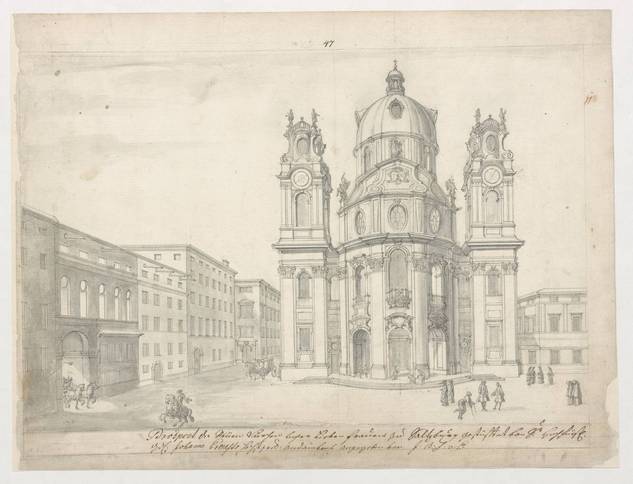 Johann Bernhard Fischer von Erlach (1656–1723), Kollegienkirche, Salzburg, Vorzeichnung zu Historische Architektur IV/9, vor 1712, Bleigriffel, Tusche laviert, © National- und Universitätsbibliothek Zagreb